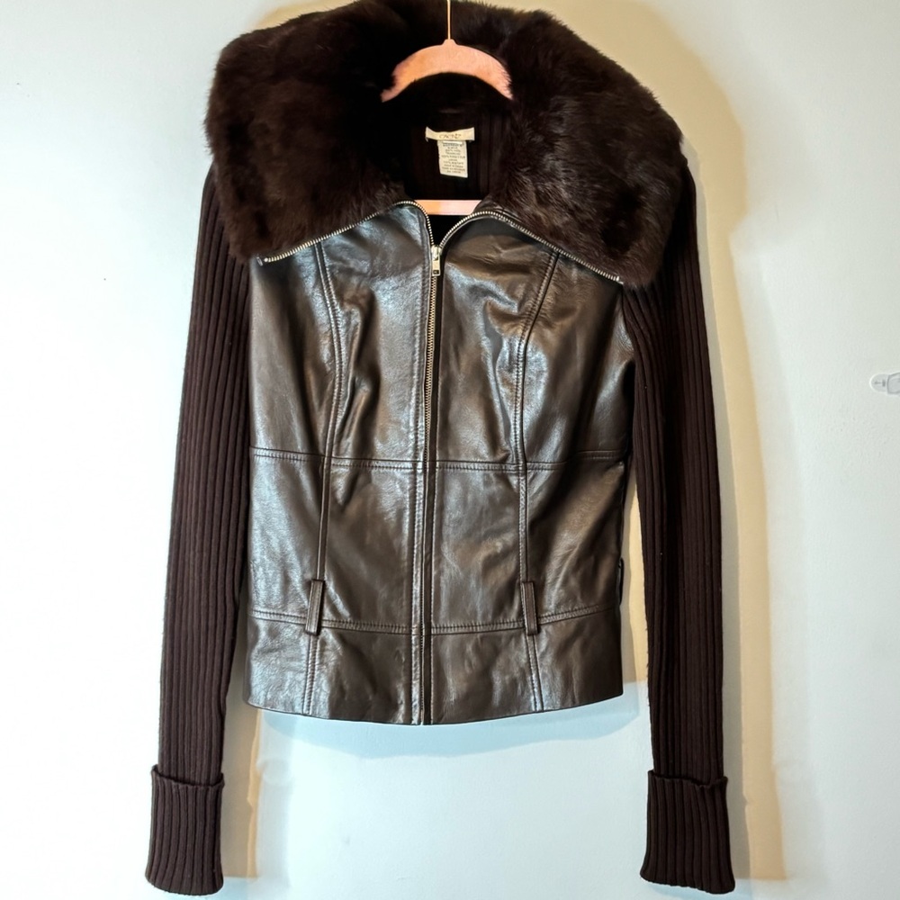 Cache Ribbed Y2k Sweater Jacket Real Fur Bib Coll… - image 1